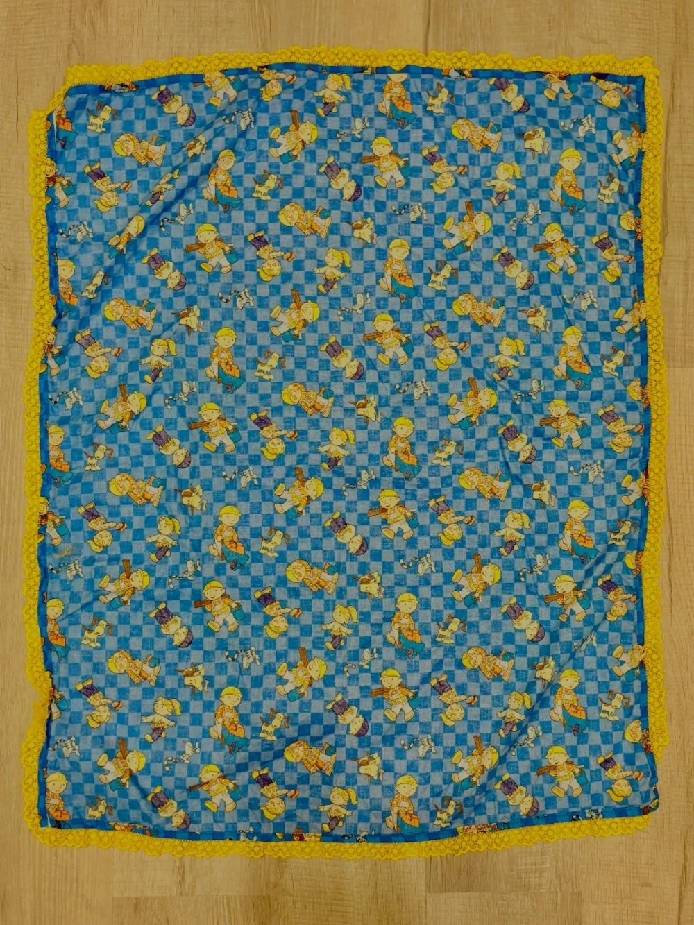 Vintage Bob the Builder Handmade Baby Blanket 2002 Blue Cotton Yellow Lace Trim